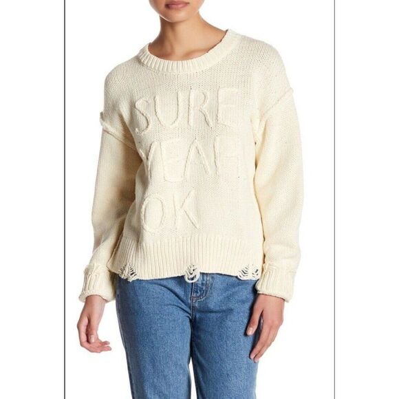 NWT WILDFOX Sz M SURE YEAH OK DISTRESSED PULLOVER SWEATER IN LATTE CREAM IVORY - Picture 9 of 12